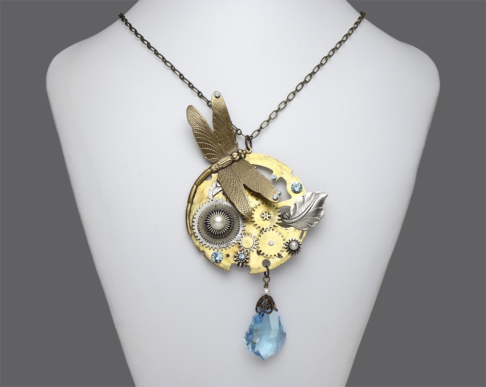 Steampunk Necklace Antique Pocket Movement With Dragonfly Blue Topaz ...