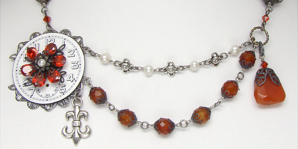 Steampunk Necklace Antique Porcelain Watch Dial with Genuine Carnelian Briolette and Red Agate