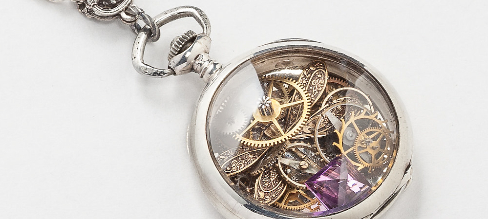 Steampunk Necklace Sterling Silver Pocket Watch Movement with Gears