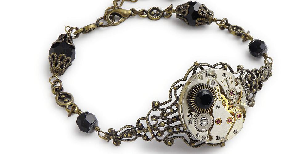 Steampunk Victorian Antiqued Gold Filigree Bracelet 15 Ruby Jewel Watch Movement with Black Swarovski Crystal