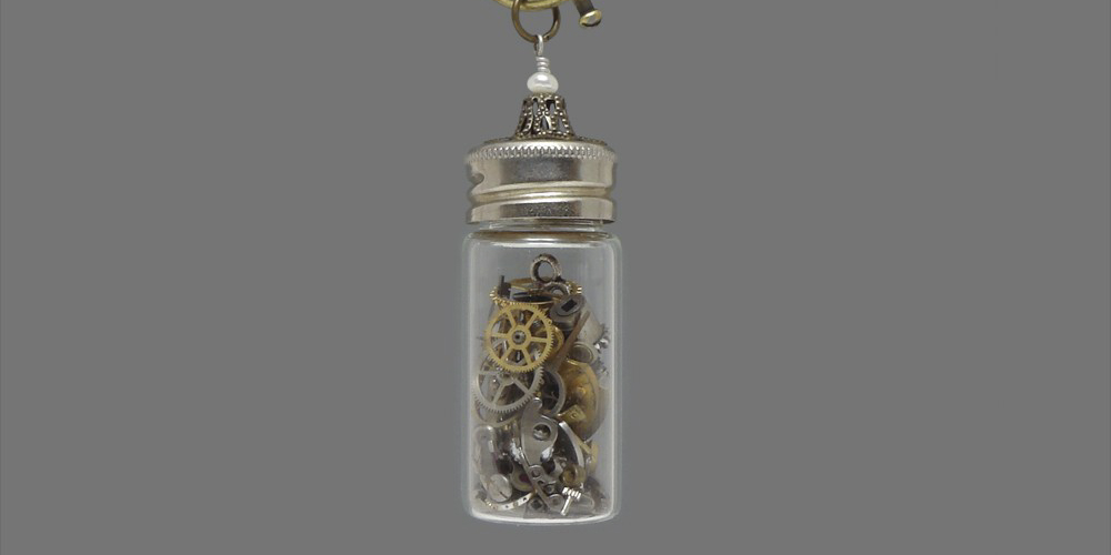 Time in a Bottle Antique Watch Parts Steampunk Necklace with Gears in a Vintage Glass Vial