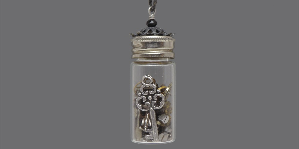 Time in a Bottle Necklace Vintage Glass Vial with Watch Parts, Gears, Key and Filigree