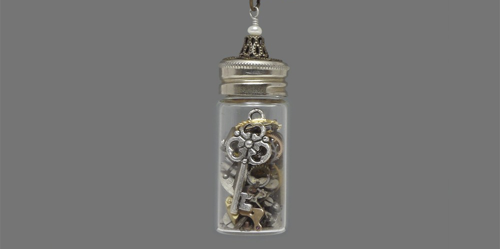 Time in a Bottle Vintage Glass Vial Necklace with Genuine Pearl Watch Gears and a Skeleton Key