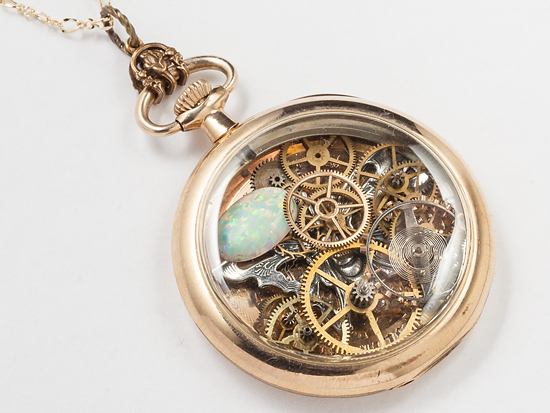 Pocket Watch Case Necklace with gears and gemstones Steampunk Jewelry