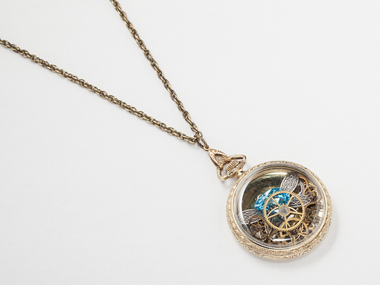 Pocket Watch Case Necklace with gears and gemstones Steampunk Jewelry