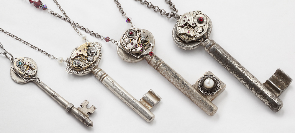 6 Skeleton Key Necklaces with Gears, Crystals and pearls