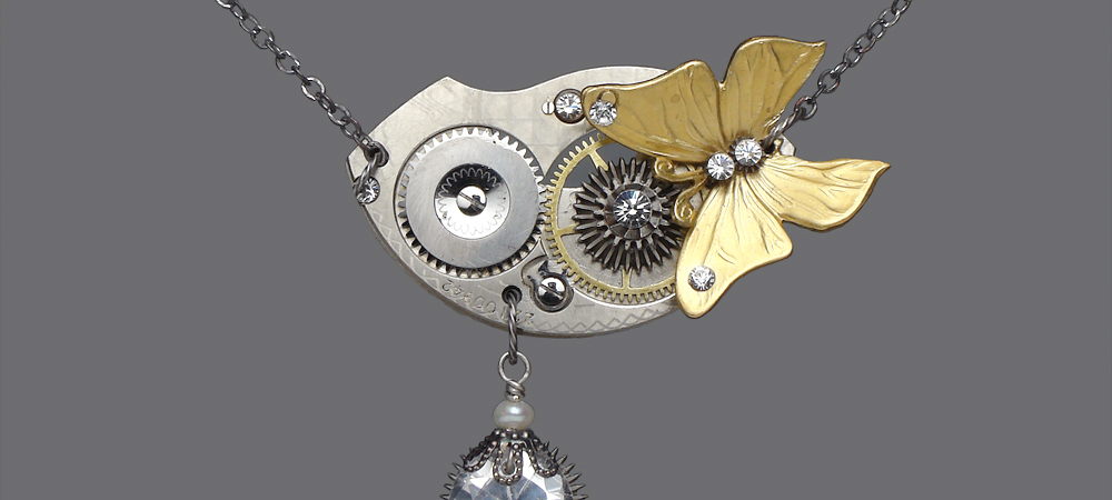 Steampunk Necklace Butterfly Antique Vintage Watch Plates